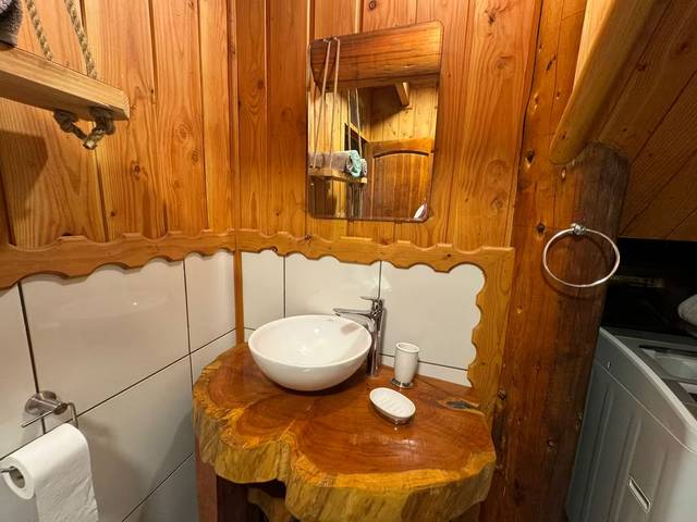 Lavamanos sobre un tronco de madera nativa